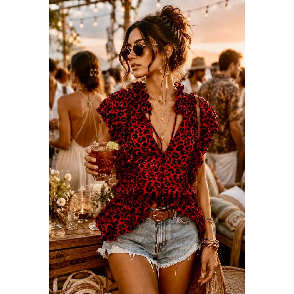 Zadig & Voltaire Tibo Print Leo Peplum Blouse M Red Leopard Ruffle $258